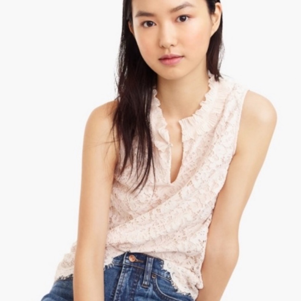 J Crew lace ruffle neck top in dune